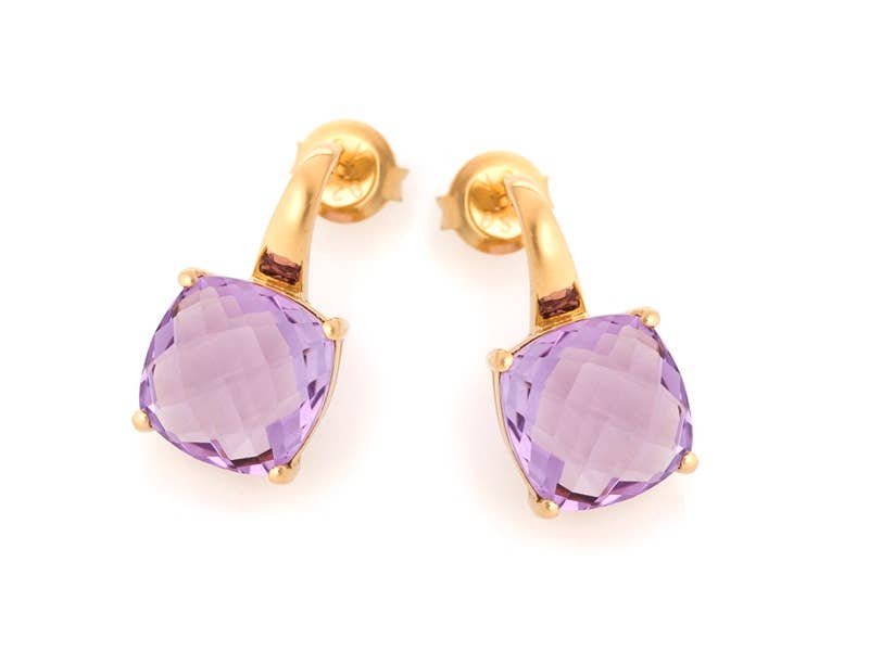 Violet Purple amethyst pendant earrings, gold plated silver for wholesale on Faire