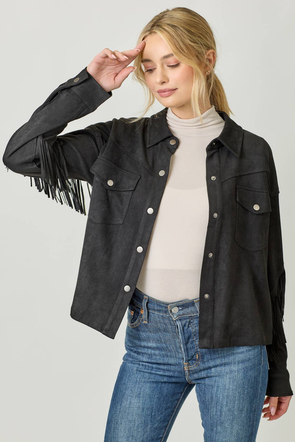 Mystree - Vendita all'ingrosso Giacca a camicia - Donna - 20609 Giacca Camicia in Suede con Dettaglio sul Retro a Frange10