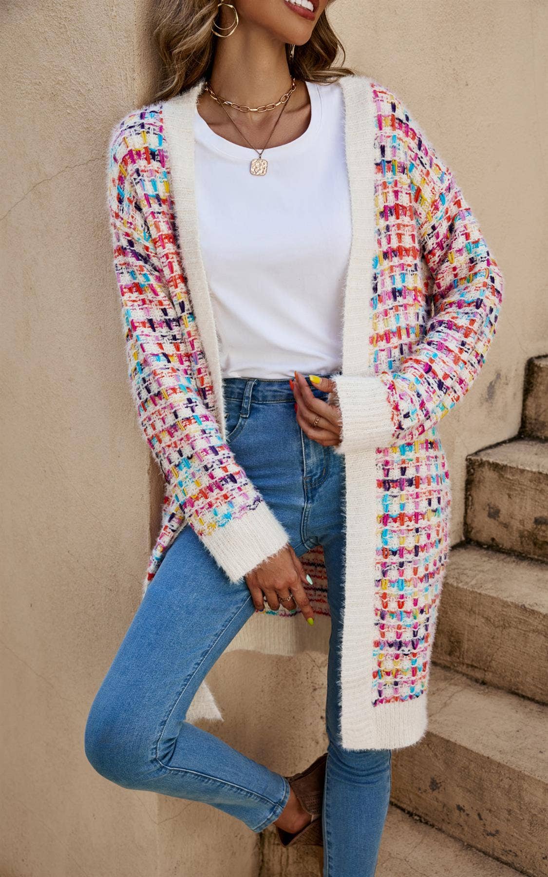 FS Collection (Germany) - Wholesale Cardigan - Women's - Cream Boucle Check Cardigan In Rainbow Multicolour Speckles1
