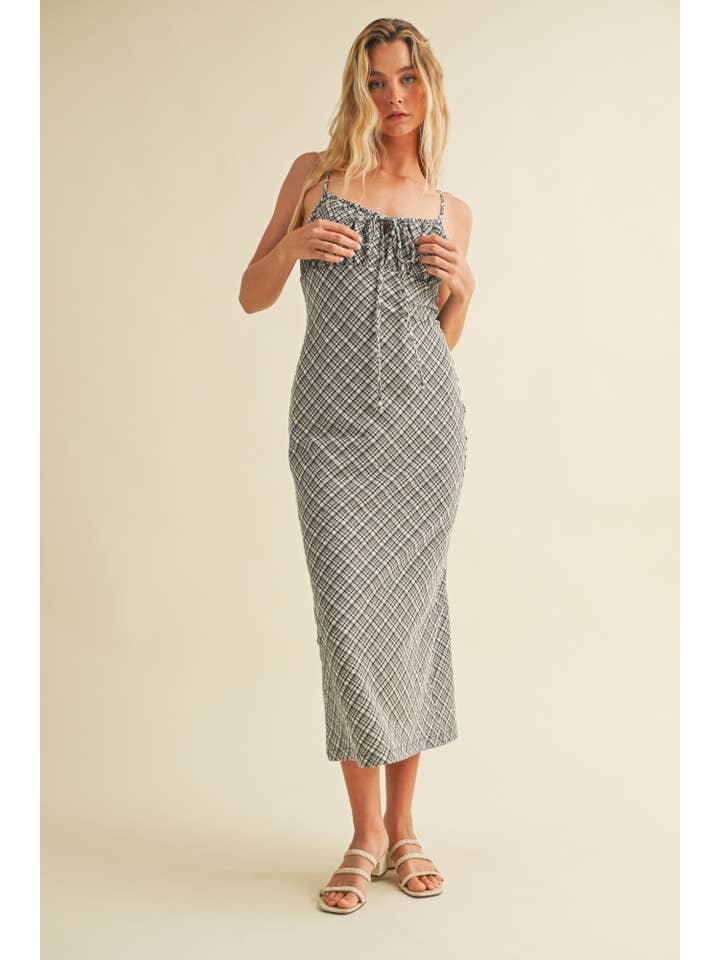 Mustard Seed - Wholesale Dress - Women's - TEXTURED PLAID DRAWSTRING NECK MIDI DRESS