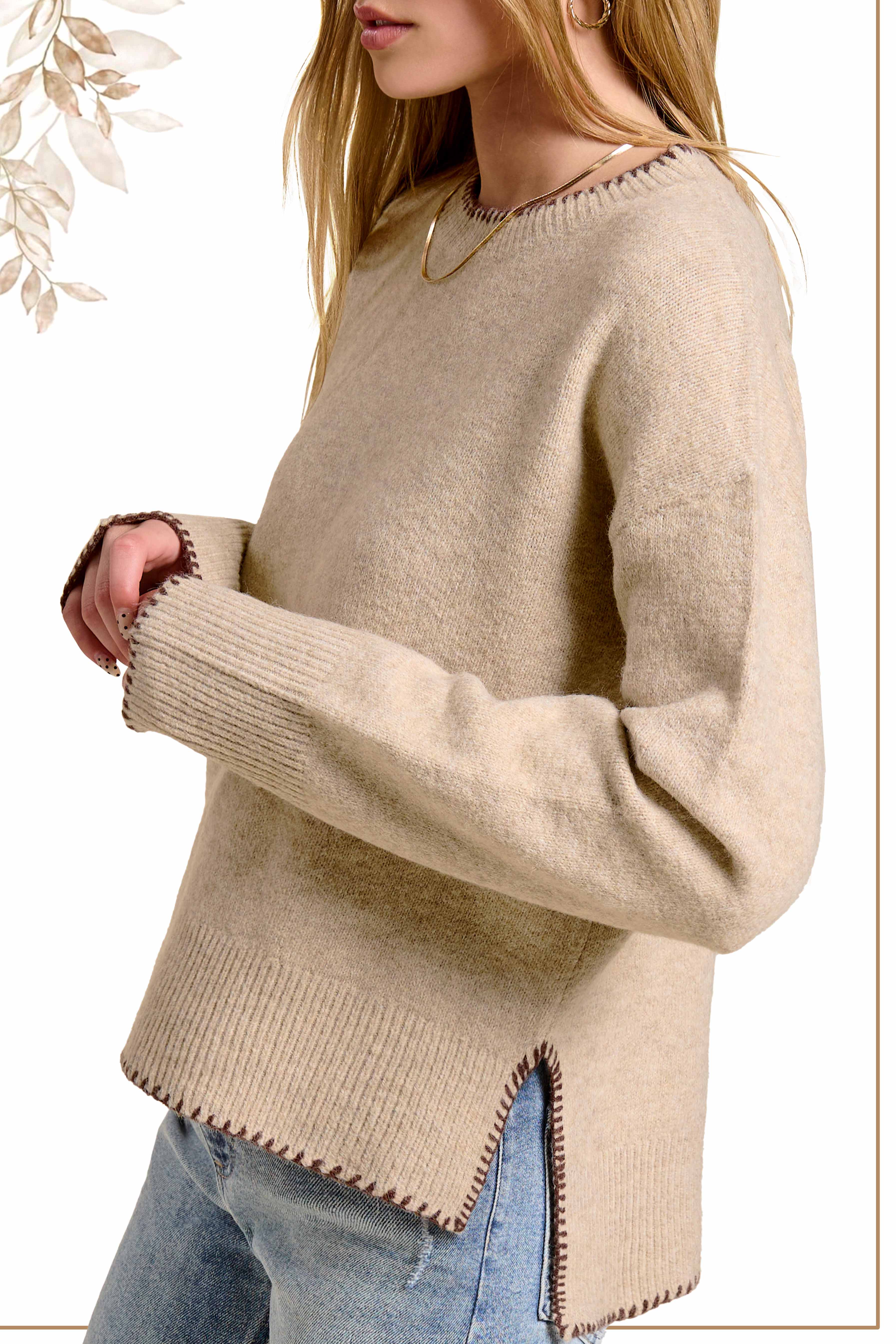 La Miel - Wholesale Knit Sweater - Women's - JDS3607-Hi-Low Crew Neck Sweater W/ Contrast Blanket Stitch12