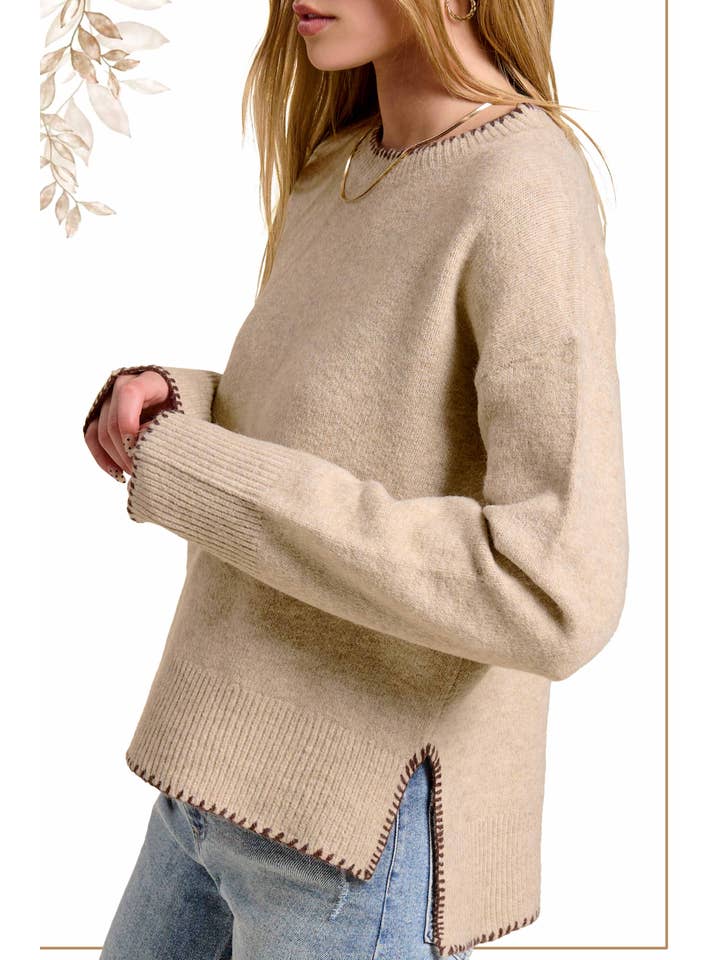 La Miel - Wholesale Knit Sweater - Women's - JDS3607-Hi-Low Crew Neck Sweater W/ Contrast Blanket Stitch12