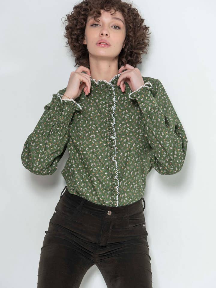 TALIA Olive Flying Ducks luxury blouse for wholesale by HARTWELL