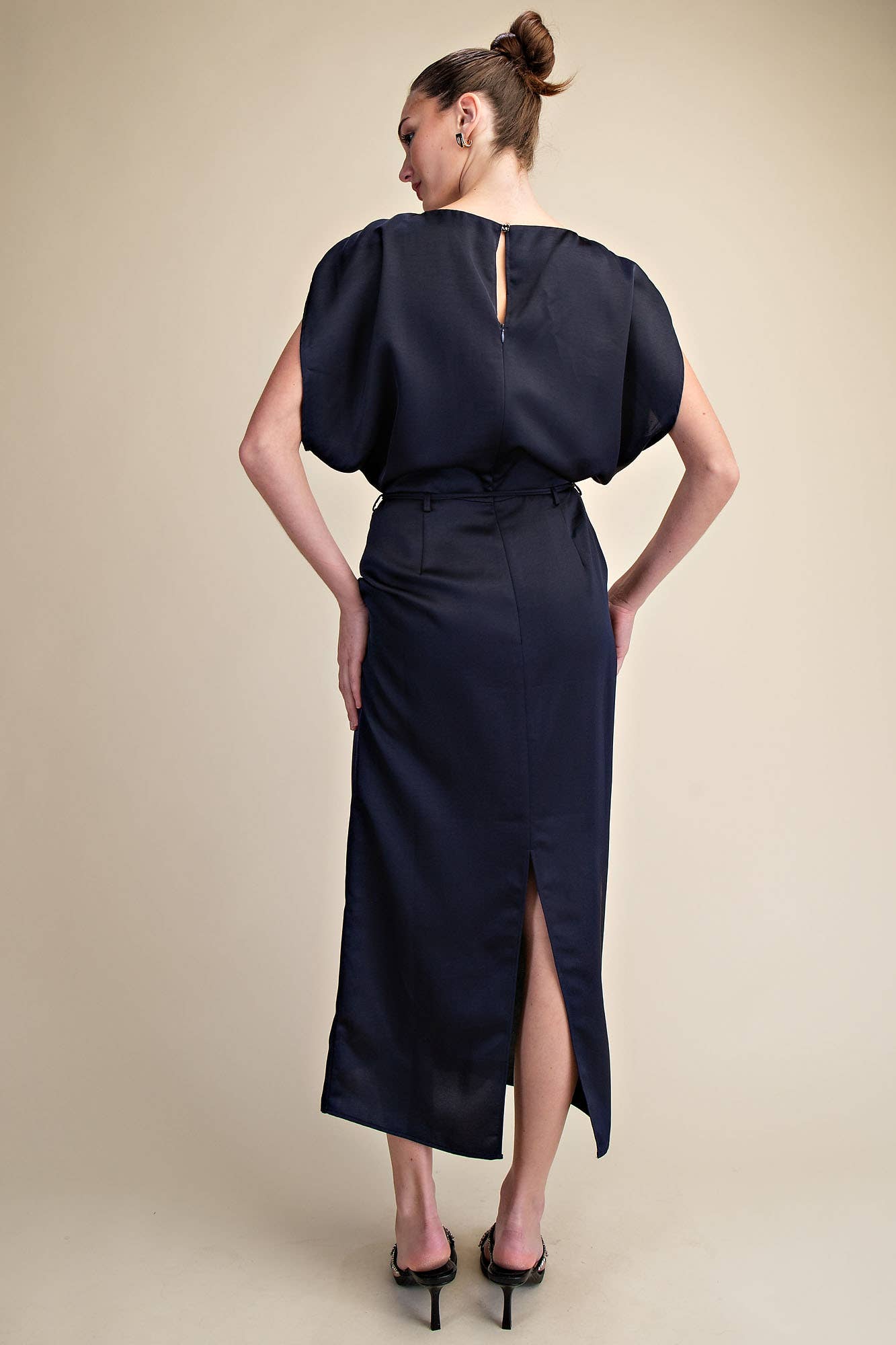 Glam - Wholesale Dress - Women's - Round Neck Waist Tie Back Slit Midi Dress4