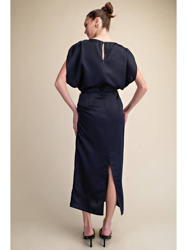 Glam - Wholesale Dress - Women's - Round Neck Waist Tie Back Slit Midi Dress4