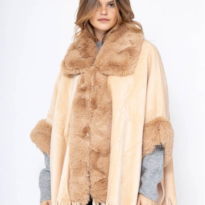 MCCABE One Size Beige Fringed Faux Suede Cape Plush Fur Trim for wholesale by LOOWIE
