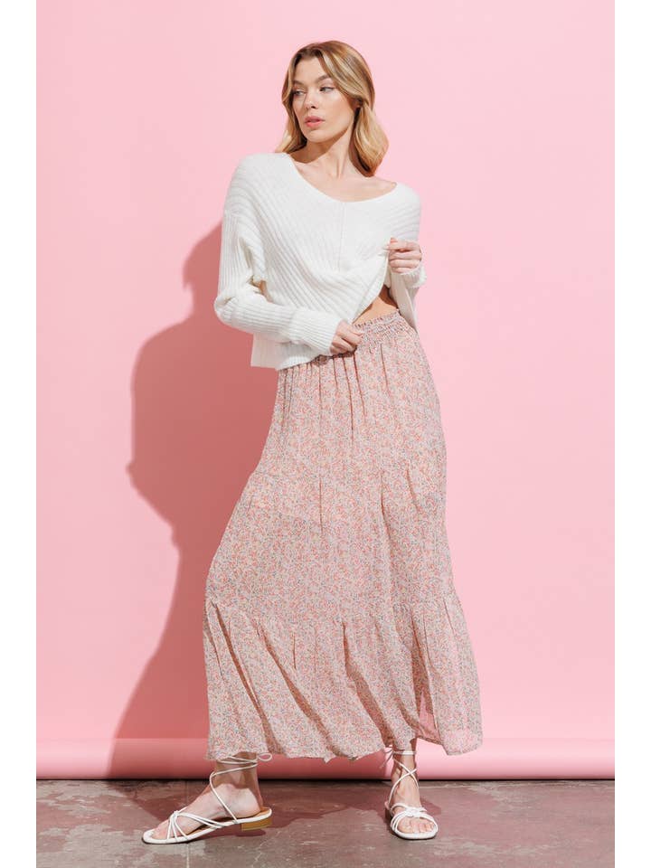 PEACH PINK Smocked floral midi skirt - HYS0001 for wholesale on Faire3