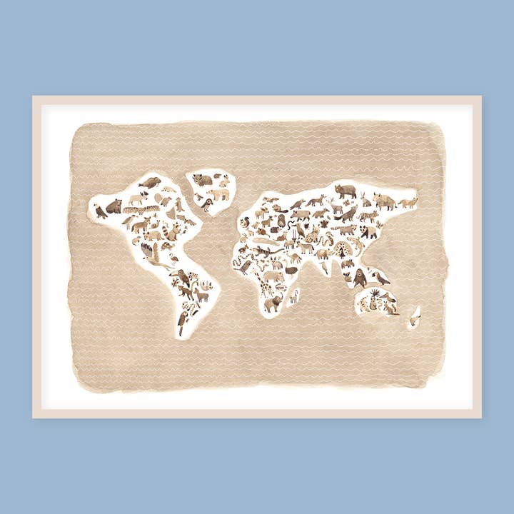 Mappa del mondo, stampa artistica con animali per la vendita all'ingrosso da parte di Sarah von Rickenbach