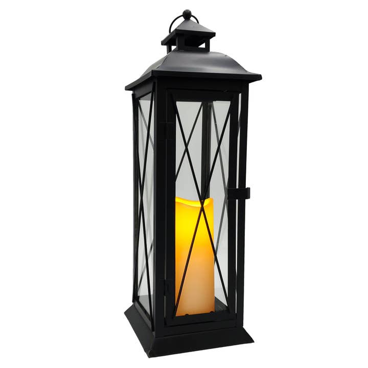 Battery Operated Metal Lantern with LED Candle - Crisscross for wholesale by LumaBase