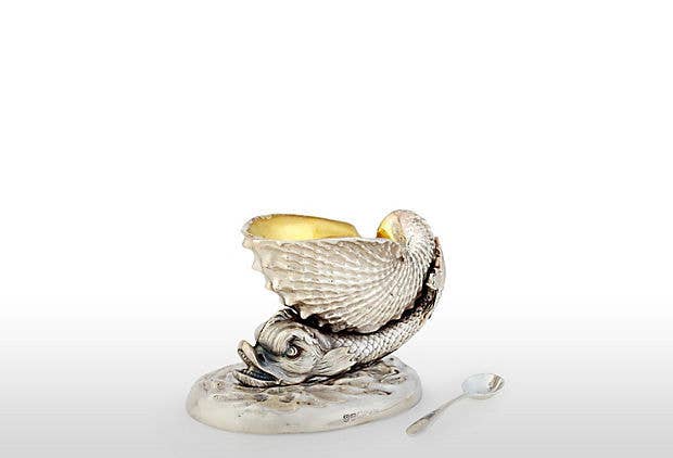 Dolphin Salt with Silver Plate Spoon 3.5" x 2.5" x 2.75" for wholesale by Corbell Silver
