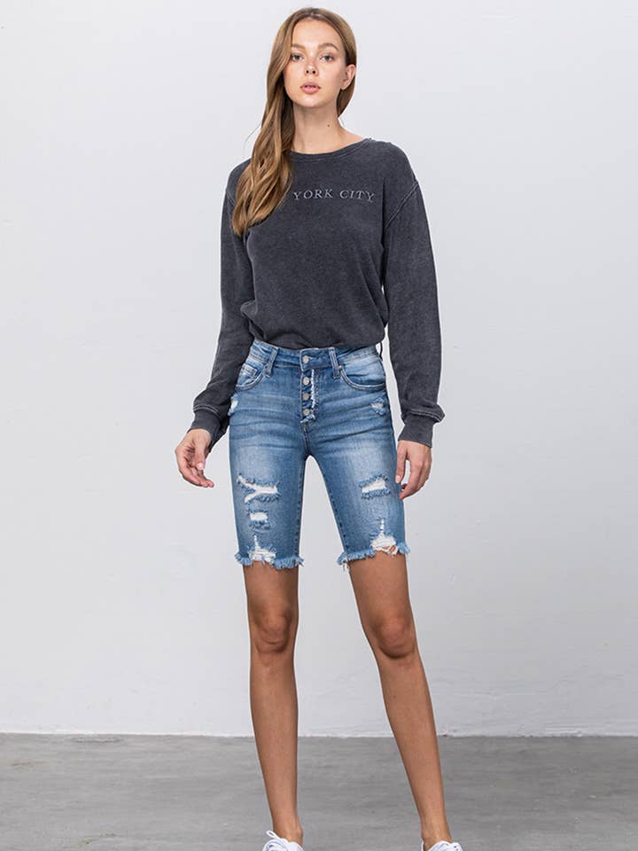 Mid Rise Stretch Distressed Bermuda Shorts for wholesale by Insane Gene USA