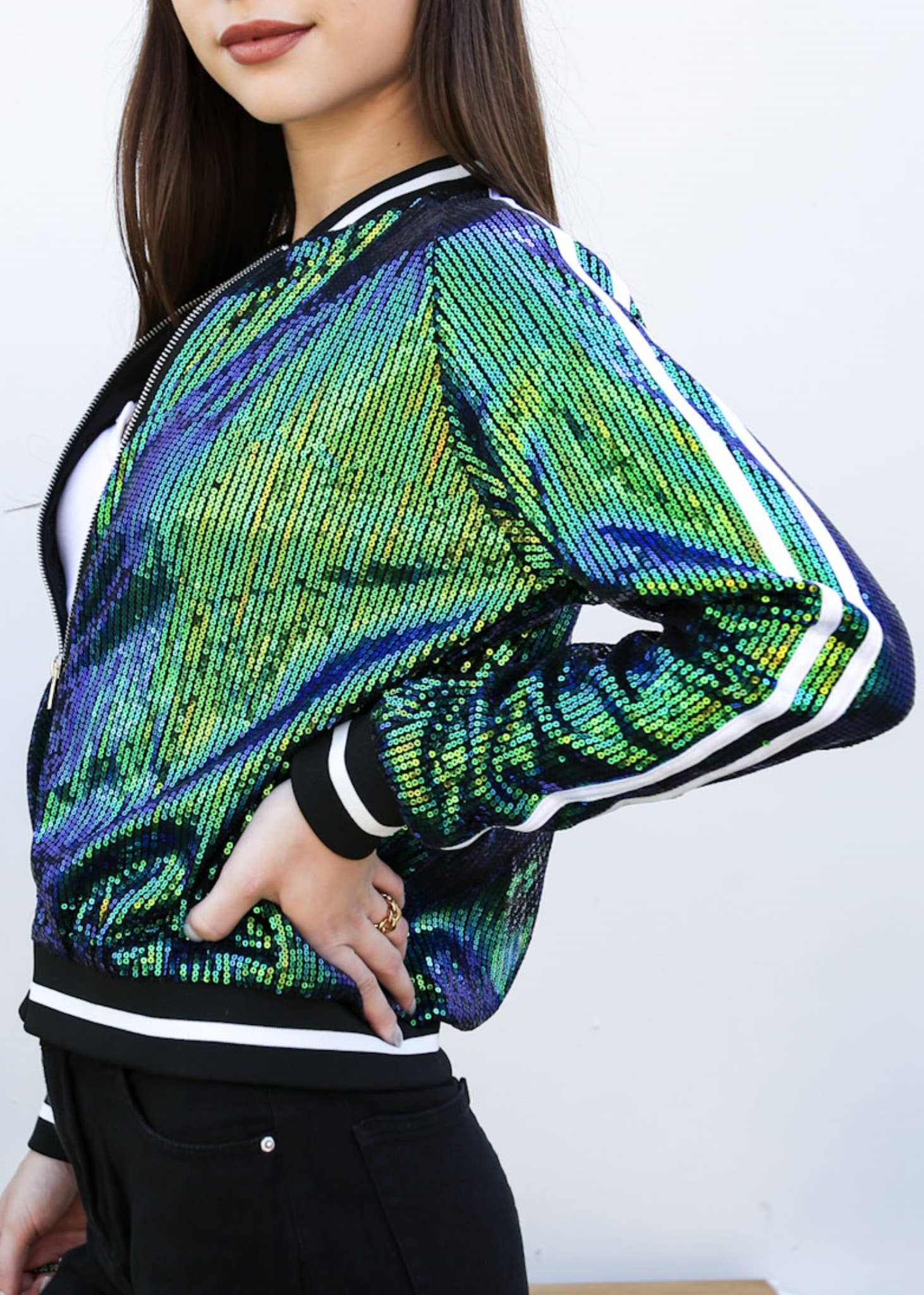 Anna Kaci Wholesale - Wholesale Varsity/Baseball Jacket - Women's - Striped Metallic Sequin Varsity Jacket89