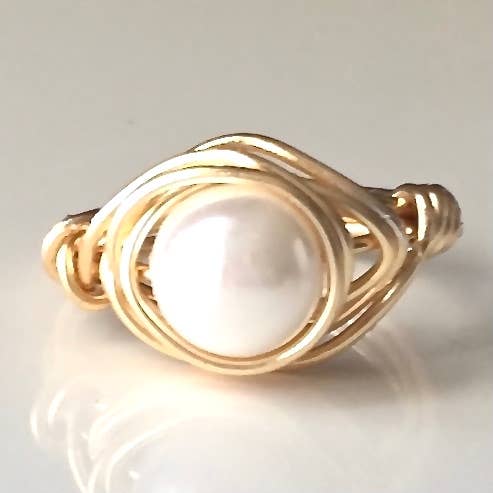 Marble Designs Jewelry - Wholesale Band/Stacked Ring - Pearl Gold Wire Wrapped Ring Cream2