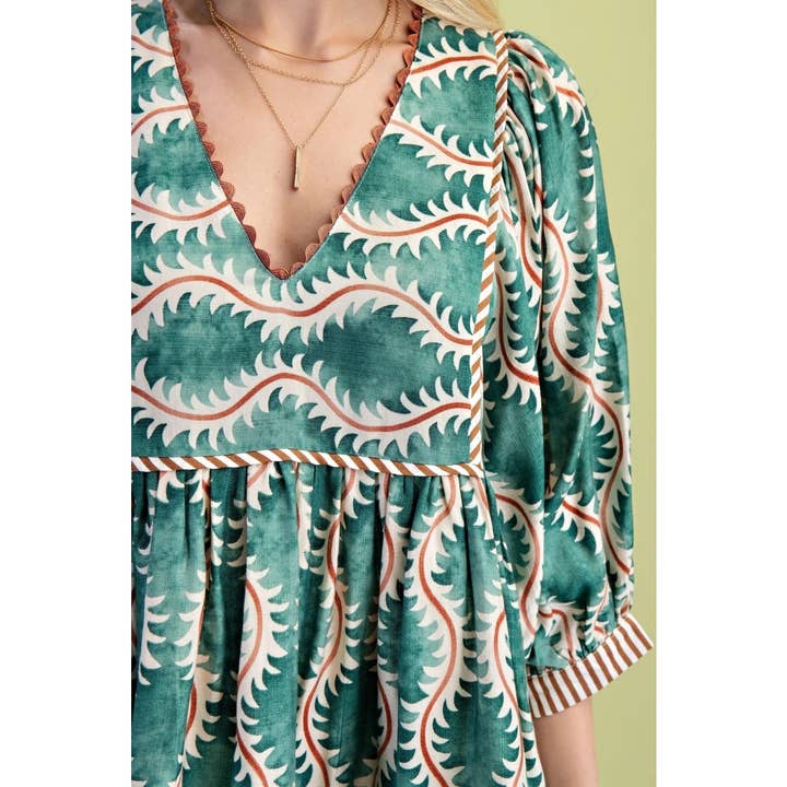 BNS - Wholesale Dress - Women's - Printed V Neck Dress w_Striped Binding and Ric Rac14