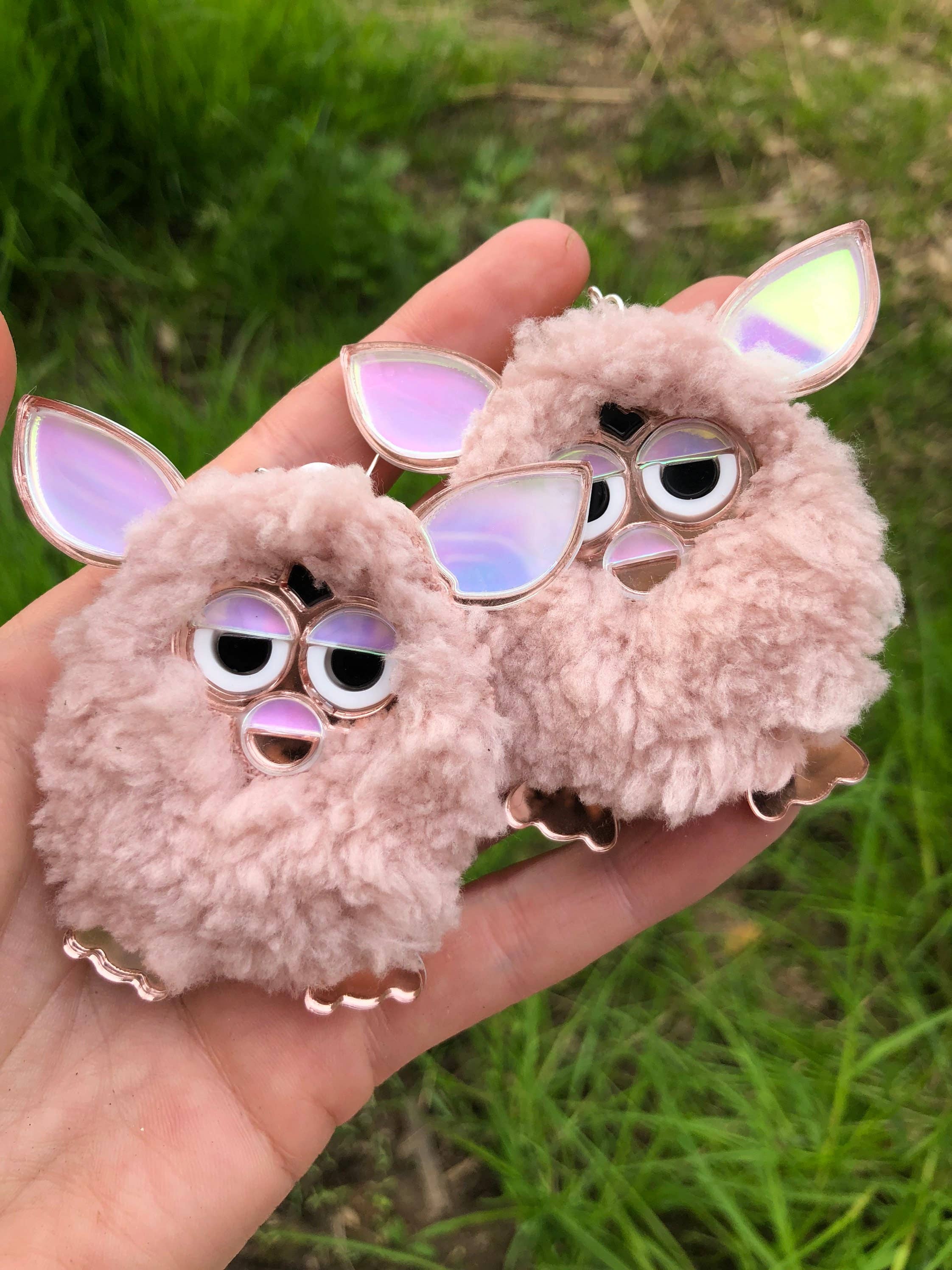I'm Your Present - Wholesale Dangle Earrings - Rose Pink Furry Furby Earrings, Laser Cut Acrylic, Plastic Jewelry1