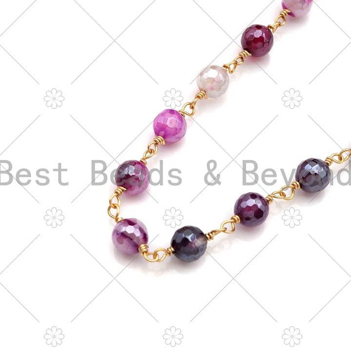 BestBeads&Beyond - Wholesale Beaded/Pearl Necklace - ESTY EXCLUSIVE!!! Mystic Pink/Brown Agate Rosary Chain, 6mm Beaded Chain, Wire Wrapped Gold Chain,Sku#V791