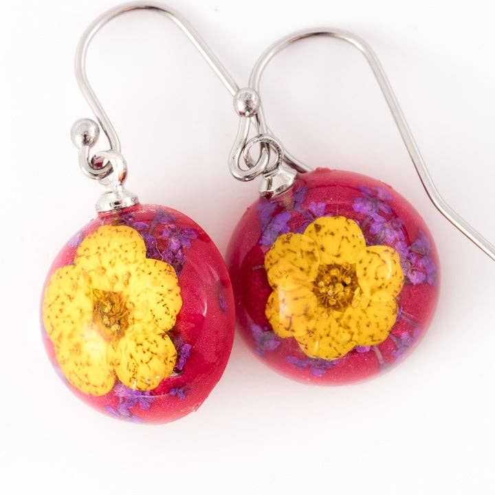 Flower Earrings Mini Orb Earrings Yellow-Red for wholesale by Hanami Real Flower Jewelry