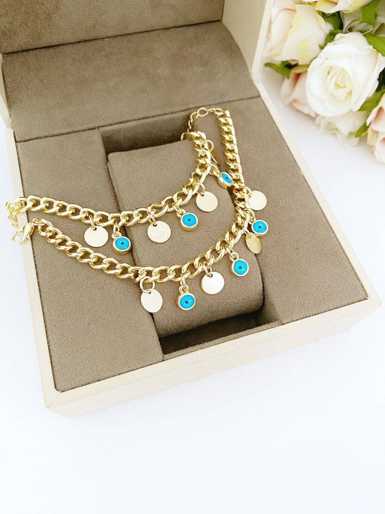 Evileyefavor - Wholesale Charm/Dangle Bracelet - Gold Evil Eye Bracelet, Gold Link Chain Bracelet, Mini Gold Disc Charm2