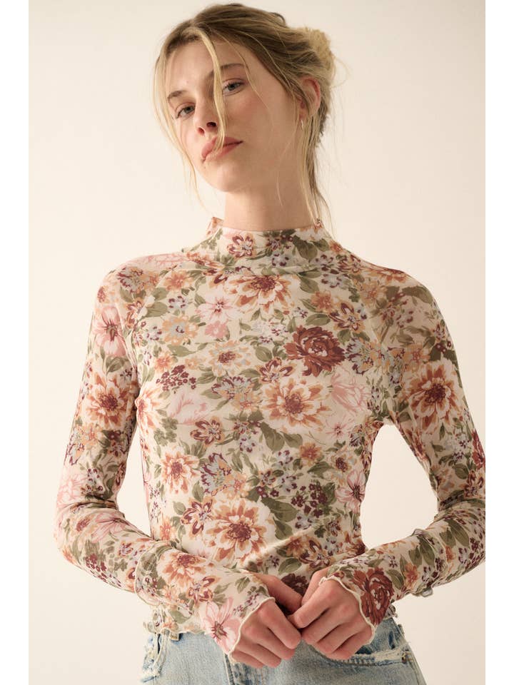 Cream Floral Mesh Lettuce-Edge Thumbhole High-Neck Top for wholesale on Faire