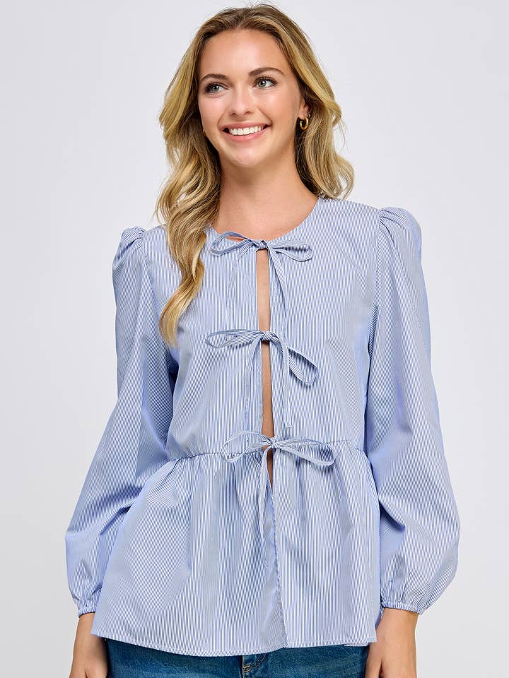 Ellison - Wholesale Blouse - Women's - TT-10190-6 LONG SLEEVE TIE FRONT PEPLUM BLOUSE BLUE