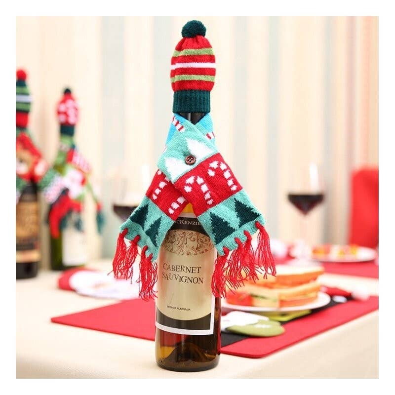 UZ Wholesale Store - Vendita all'ingrosso Decorazione natalizia - Set di decorazioni per bottiglie di vino con cappello a sciarpa natalizia1