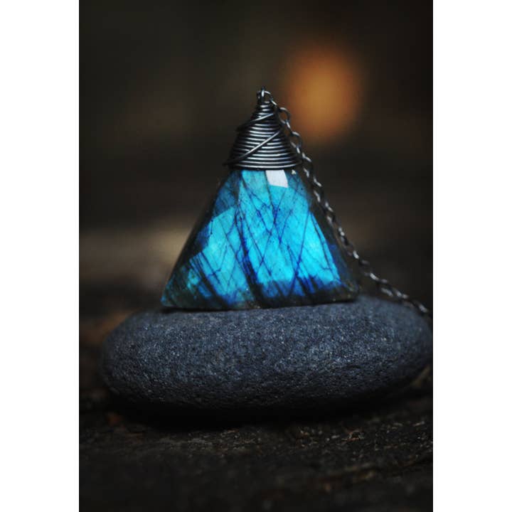 Pyramid Shaped Blue flash Labradorite or Moonstone Necklace for wholesale by Treehouse Jewelry Hawaii