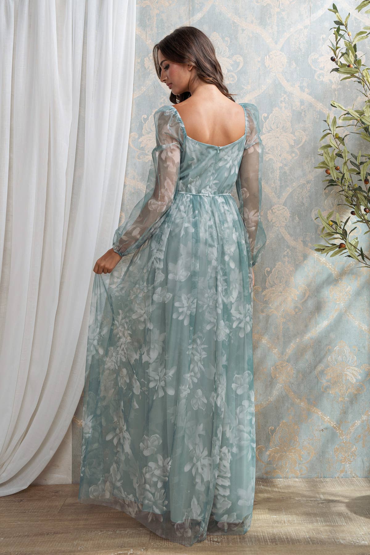 Rosemore Couture - Wholesale Gown - Women's - LONG SLEEVE FLORAL MESH PRINT MAXI 10