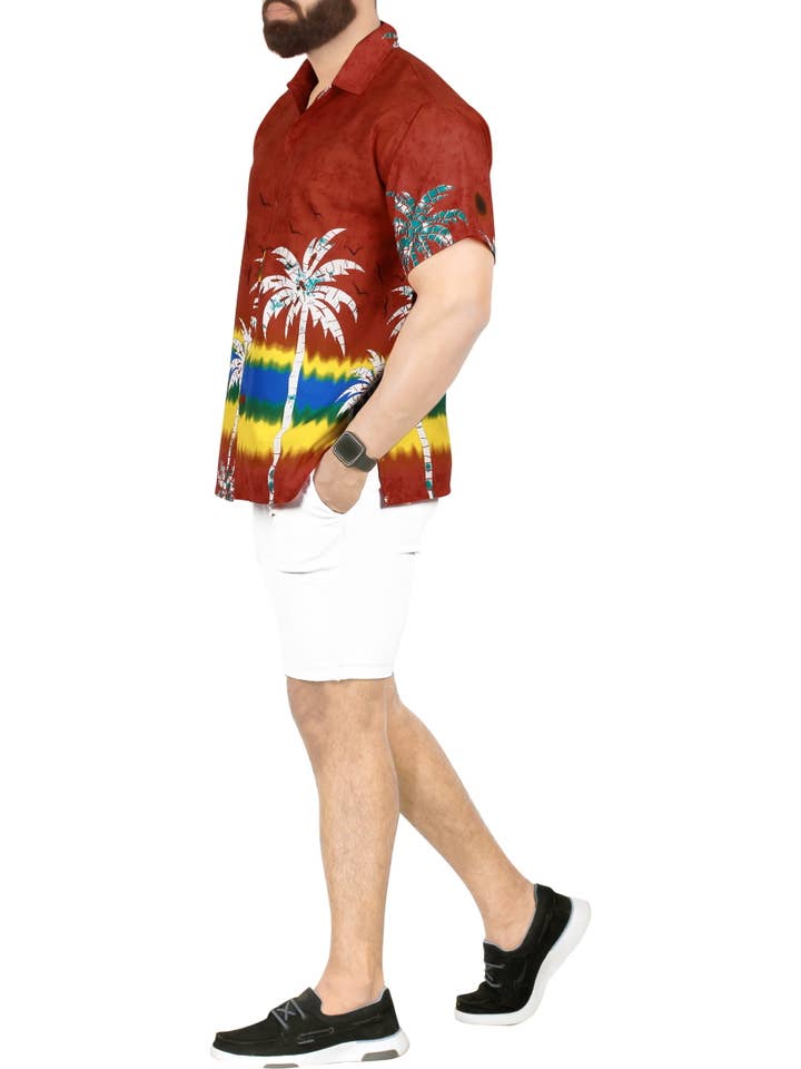 LA LEELA Men Exotic Beach Hawaiian Shirt L Poppy, Palm for wholesale on Faire