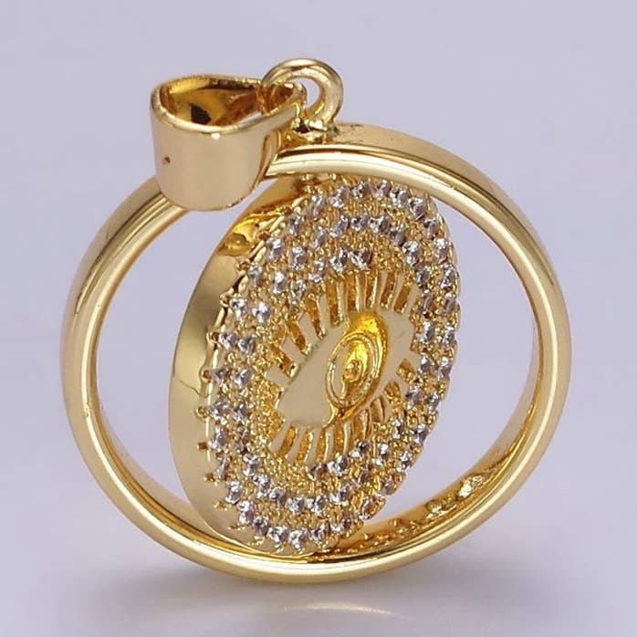 14K Gold Filled Evil Eye Clear Micro Paved CZ Double Sided Spinning Round Pendant | N1288 for wholesale by Aim Eternal