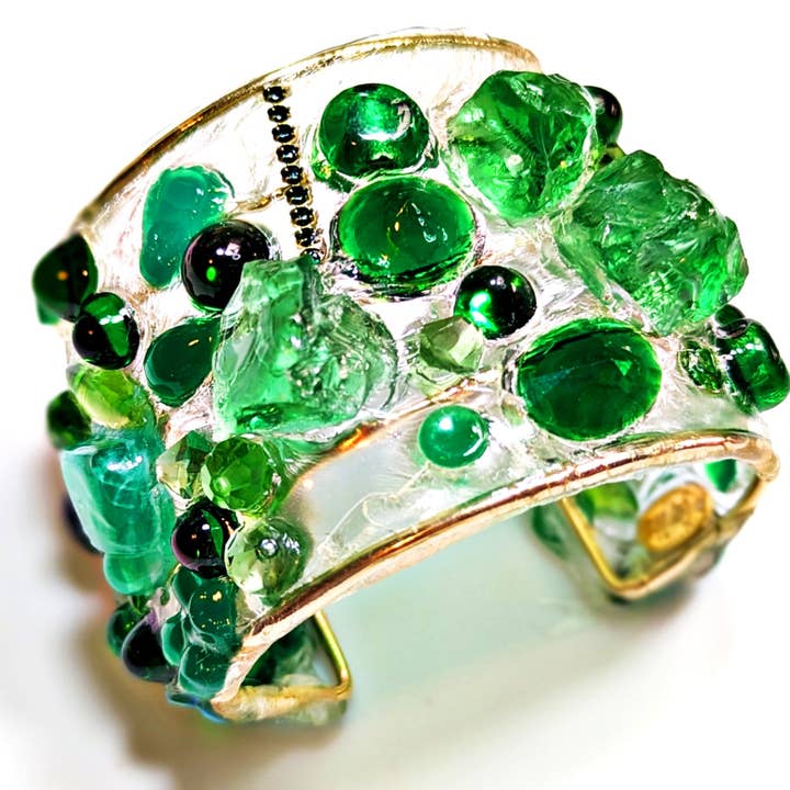 Gay Isber Designs - Wholesale Cuff Bracelet - Emerald Green Clear Confetti 2.5 inch wide Clear Resin Cuff Bracelet Vintage Swarovski Faceted Stones Handmade Sustainable USA Sugar Gay Isber1