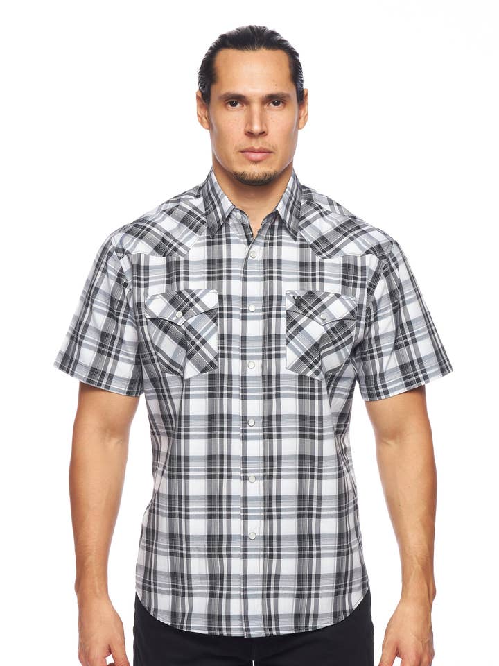 Rodeo Clothing - Vendita all'ingrosso Camicia button down - Uomo - Camicia a quadri Pearl Snaps a manica corta western da uomo 0