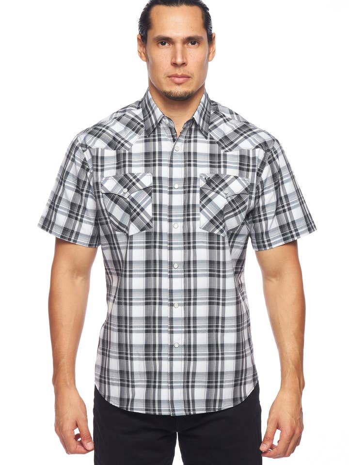 Geruit westernhemd met korte mouwen en parelsnaps voor heren voor wholesale door Rodeo Clothing