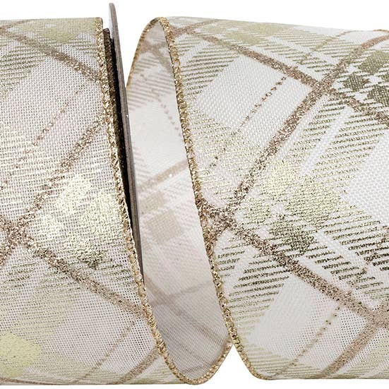 Plaid Twill Printed Metallic Wired Edge, Ivory/gold for wholesale by RELIANT RIBBON