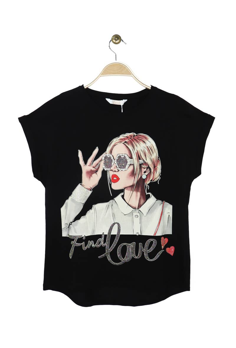 Attrait Paris - Wholesale Screen Printed T-Shirt - Women's - Printed cotton T-shirt with embossed "find love" graphic0