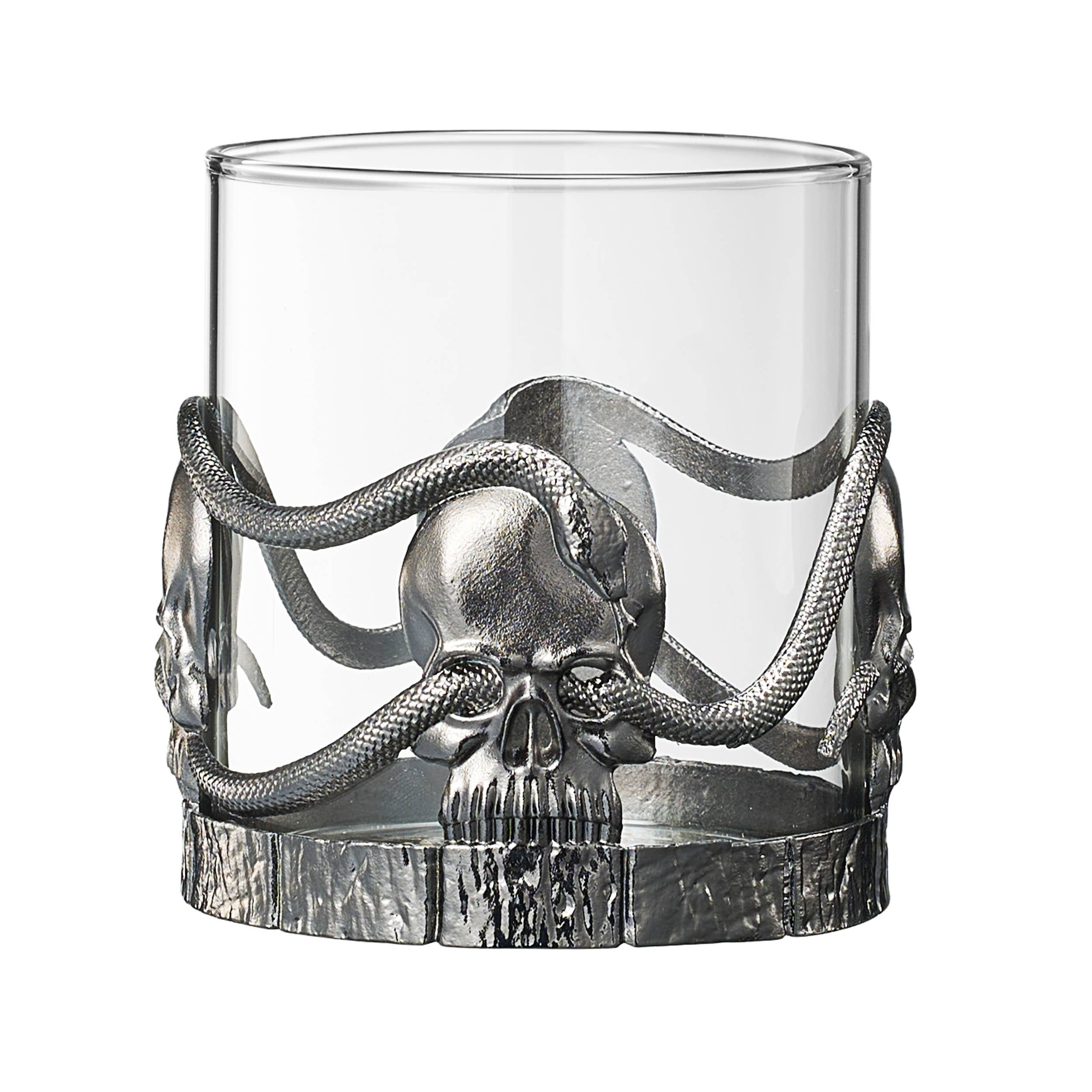 The Wine Savant /  Khen Glassware – wholesale Cocktail/liquor glass – Skull & Snakes Pewter Whiskey Drinking Glass, Set of 25