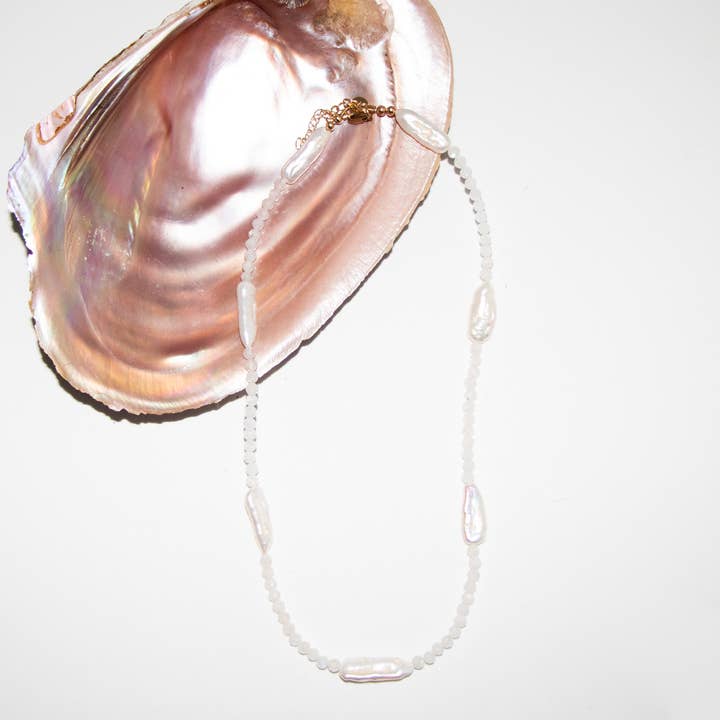 Serenity moonstone and biwa pearl stick necklace for wholesale by Maddy Starred