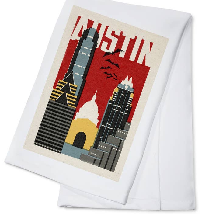 Cotton Kitchen Towel Austin, Texas Woodblock for wholesale by Lantern Press