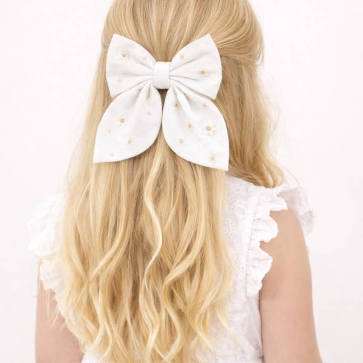 Handmade embroidered hair bow white flower for wholesale by Kids4trendy