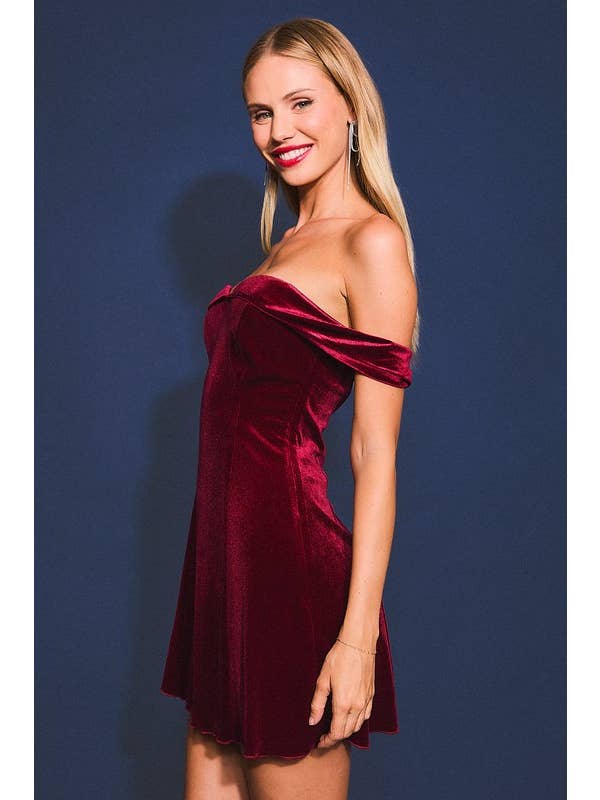 Burgundy Strapless Off Shoulder Velvet Mini Dress for wholesale on Faire