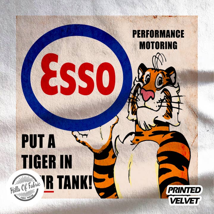 Panel de tela estampado Esso Put A Tiger In Your Tank para venta al por mayor de Hills Of Fabric