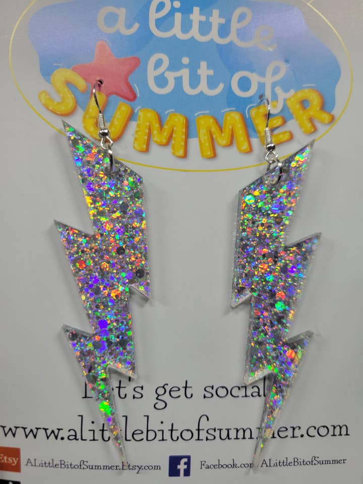 Iridescent Holographic Lightning Bolt Glitter Earrings for wholesale by A Little Bit of Summer LLC