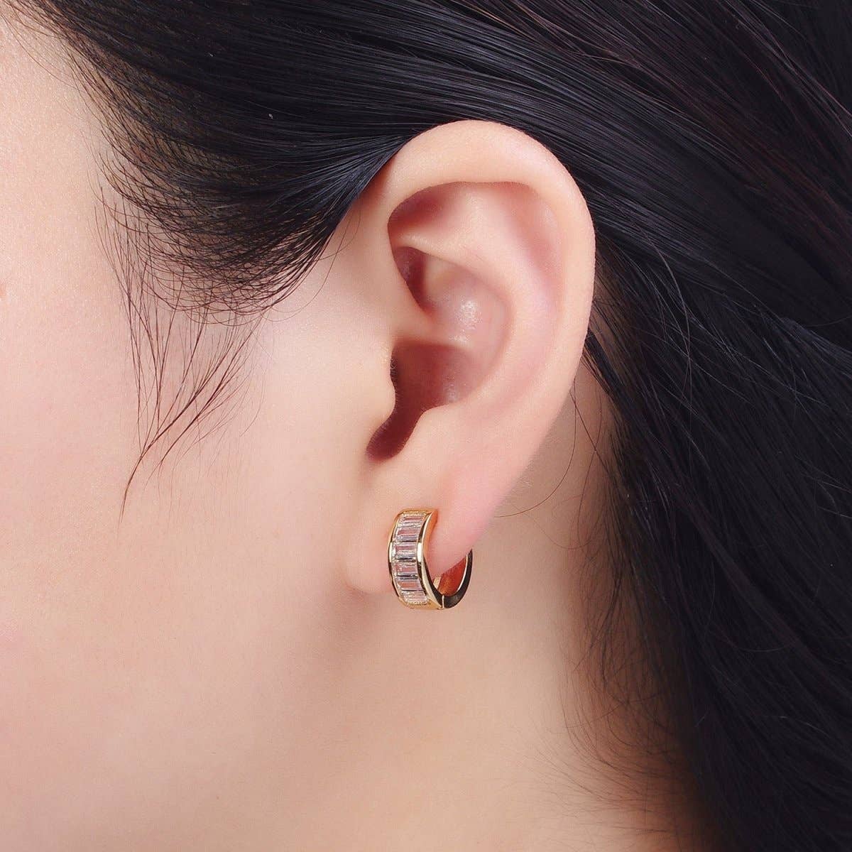 Aim Eternal - Wholesale Huggie Earrings - 24K Gold Filled Clear Baguette Cubic Zirconia Simple Minimalist Small Hoops Gold Huggies Earrings Q-149 AD-4811