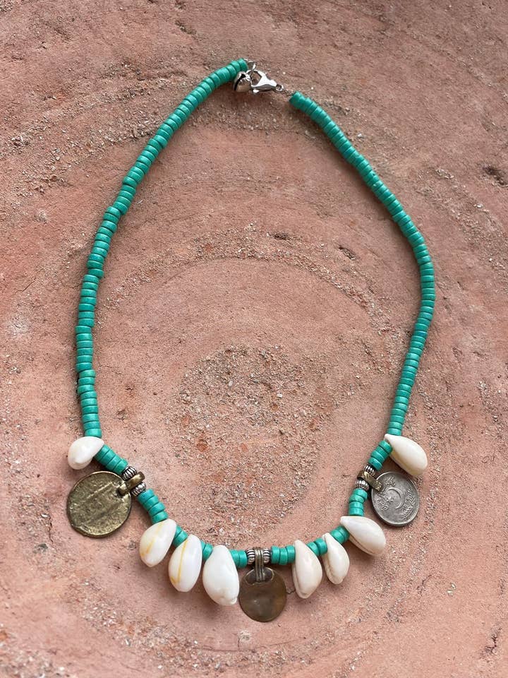 Turquoise necklace vintage coins and shells Noe for wholesale by ToutVintage