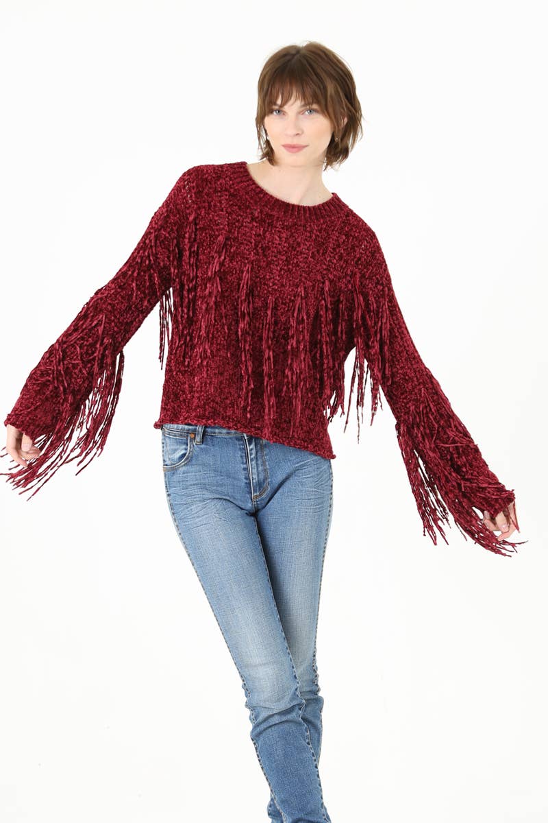 ANGIE - Wholesale Knit Sweater - Women's - XHH31-ASIS CHENILLE FRINGE PULLOVER SWEATER30
