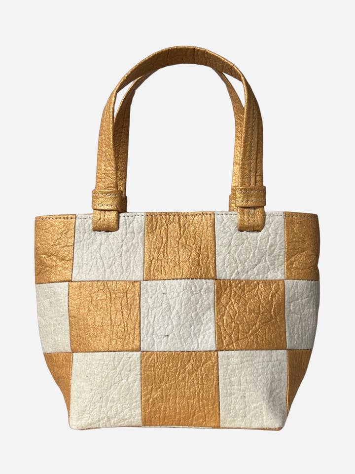 Mini Tote, Checkered Patchwork Antique Gold/Natural for wholesale by Ceibo