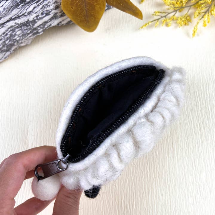 White Cute Fluffy Sheep Wool Felt Animal Coin Purse for wholesale on Faire