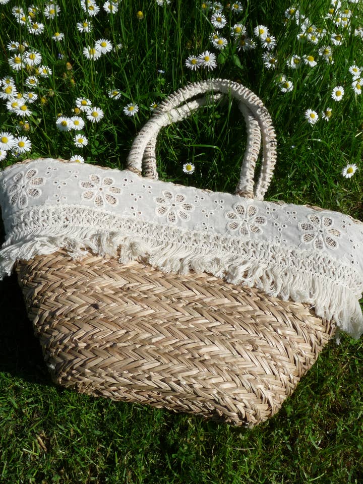 BRODERIE ANGLAISE STRAW BAG for wholesale by apiedinudinelparco