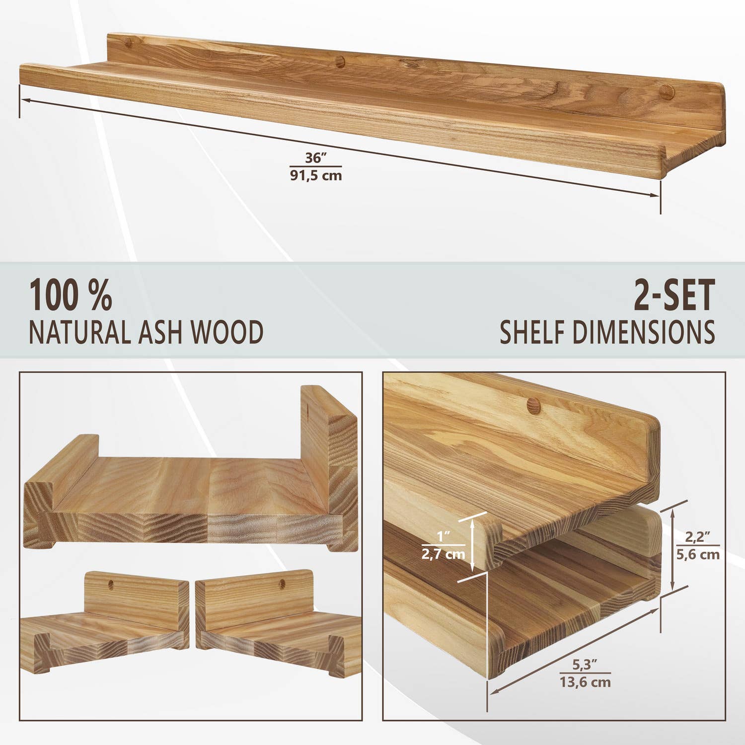 Wood Wedge - Vente Étagères murales - Étagères murales flottantes en frêne naturel avec rebord, lot de 2, 91 cm3