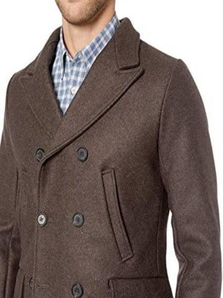 Doppelreihiger Bond-Pfauenmantel aus Wolle für Herren mit Lederdetails — Braun für den Großhandel von Alberto Nardoni