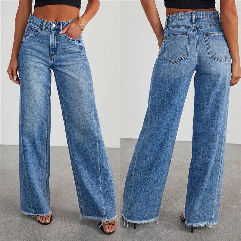 DENIM BLUE Loose Wide Leg Jeans With Raw Hem for wholesale on Faire3
